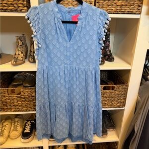 Lilly Pulitzer Light Blue Pom-Trim Tiered V-Neck Dress